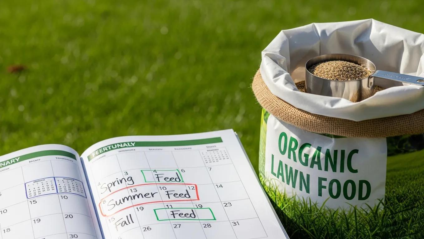 Best Lawn Fertilizers for Lush Green Grass 2 Calendar with fertilization dates, organic fertilizer bag, and measuring cup on a well-maintained lawn