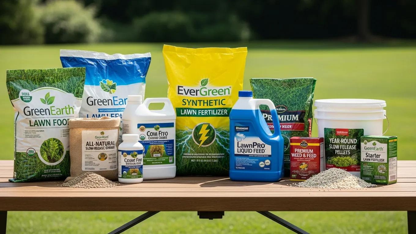 Best Lawn Fertilizers for Lush Green Grass 3 Variety of lawn fertilizers including organic, synthetic, and slow-release options on a wooden table